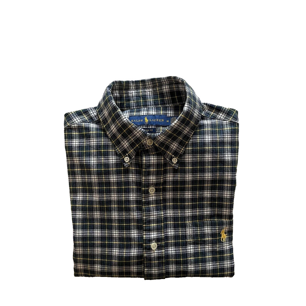 Ralph Lauren Classic Fit Men's Dress Shirt M Blue White Yellow Plaid A+